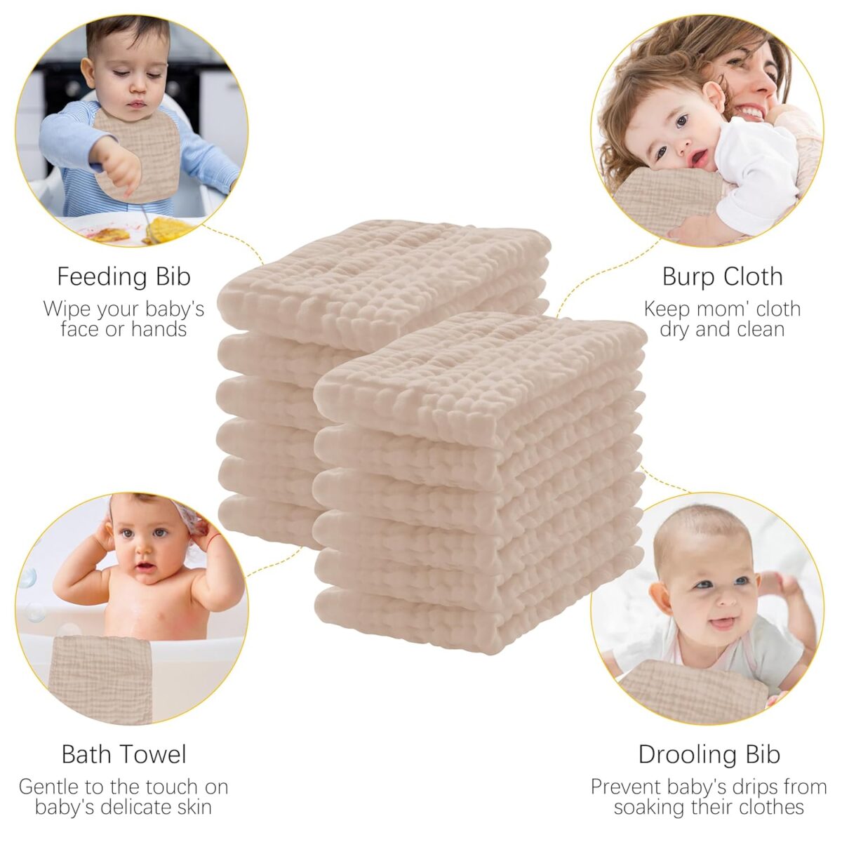 12 Pack Muslin Burp Cloths 100% Cotton Muslin Cloths Large 20''x10'' Extra Soft and Absorbent Baby Burping Cloth - Brown
