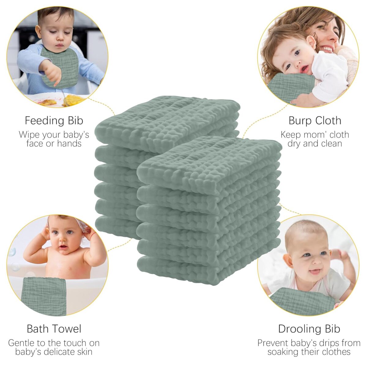 12 Pack Muslin Burp Cloths 100% Cotton Muslin Cloths Large 20''x10'' Extra Soft and Absorbent Baby Burping Cloth - Green