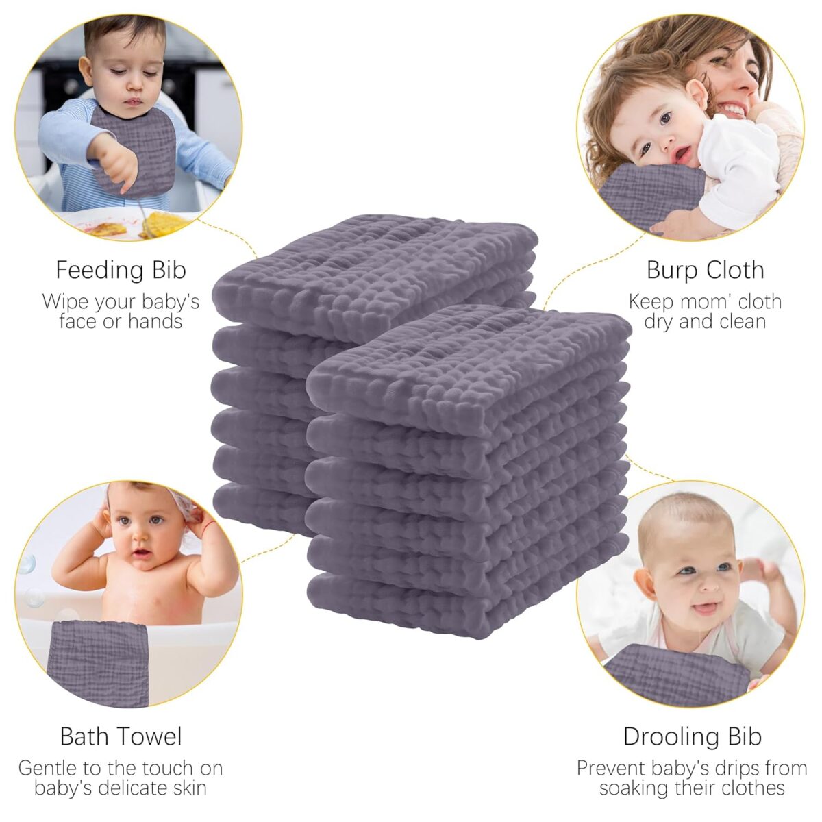 12 Pack Muslin Burp Cloths 100% Cotton Muslin Cloths Large 20''x10'' Extra Soft and Absorbent Baby Burping Cloth - Grey