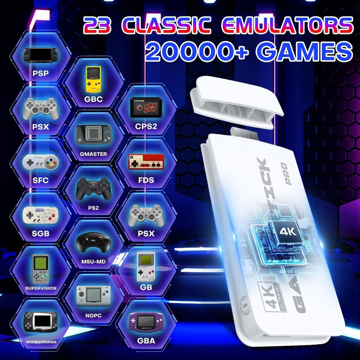 2025 Upgrade Retro Game Console Stick Pro,Built-in 23 Emulators 20,000+ Games,Retro Gaming Console 64GB TF Card,Dual 2.4GHz Wireless Controllers,Game Stick 4K HDMI Plug and Play...