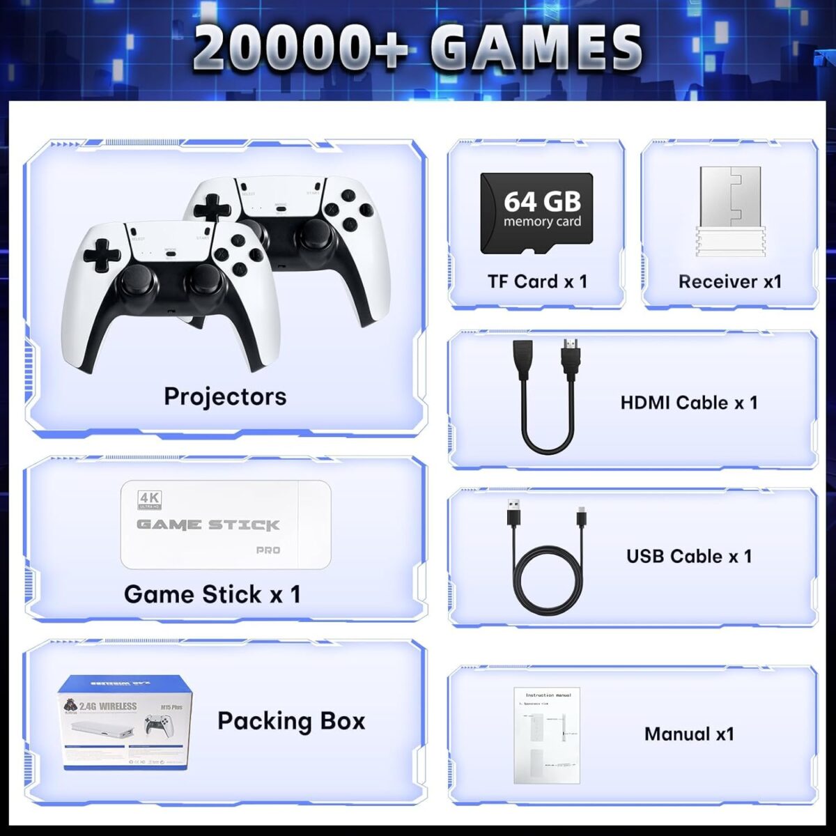 2025 Upgrade Retro Game Console Stick Pro,Built-in 23 Emulators 20,000+ Games,Retro Gaming Console 64GB TF Card,Dual 2.4GHz Wireless Controllers,Game Stick 4K HDMI Plug and Play...