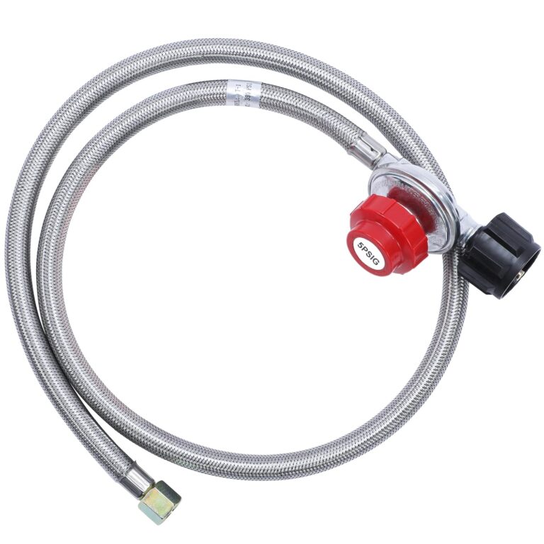 5 PSI Adjustable Propane Regulator with 4FT Stainless Steel Braided Hose â€“ Propane Regulator for Turkey Fryers, Fire Pits, & Burners | QCC-1 Connection