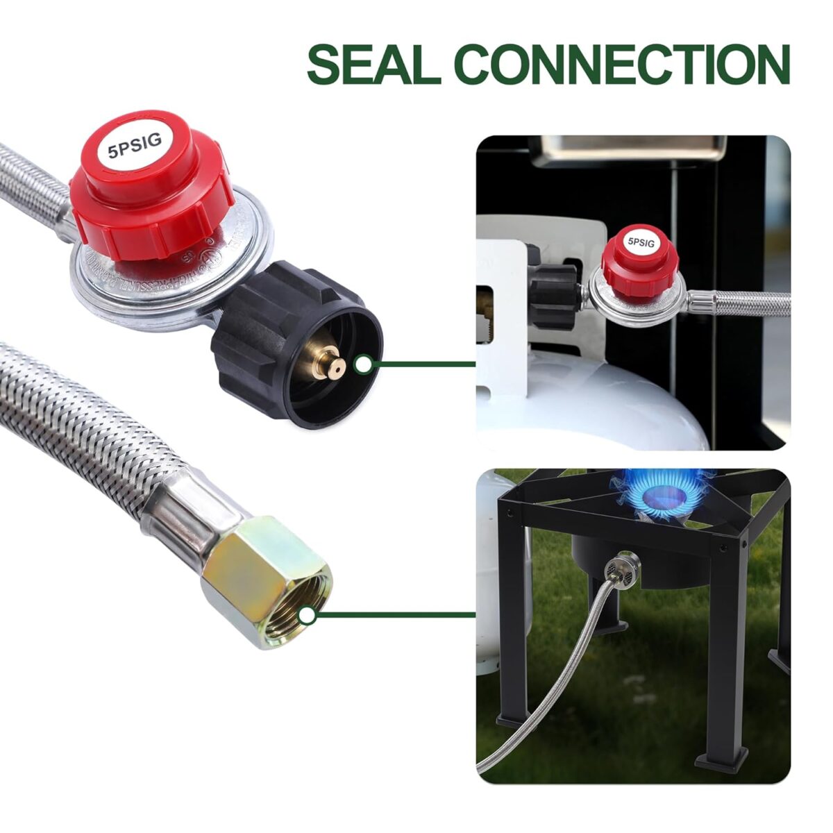 5 PSI Adjustable Propane Regulator with 4FT Stainless Steel Braided Hose â€“ Propane Regulator for Turkey Fryers, Fire Pits, & Burners | QCC-1 Connection