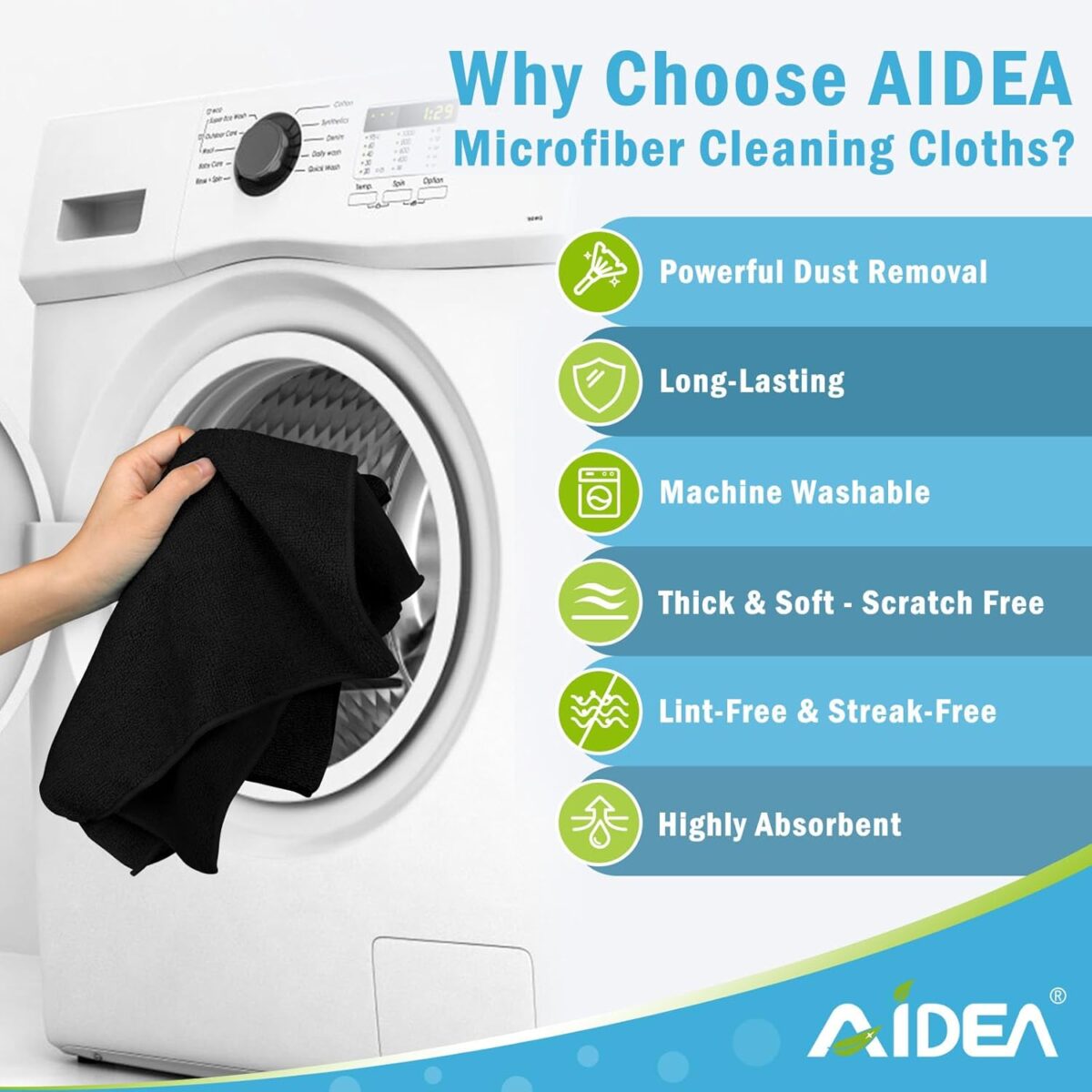 AIDEA Microfiber Cleaning Cloth-50PK, Soft Microfiber Towels for Cars, Absorbent Cleaning Rags, Lint-Free Streak-Free Wash Cloths for House, Kitchen, Window(12in.x12in), Black