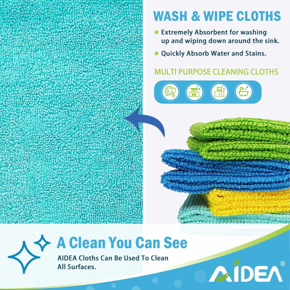 AIDEA Microfiber Cleaning Cloth, 8PK, All Purpose Microfiber Towels, Absorbent Cleaning Rags Kitchen Towels, Lint Free Dusting Cloth for House, Kitchen, Car, Window, 12"×12"