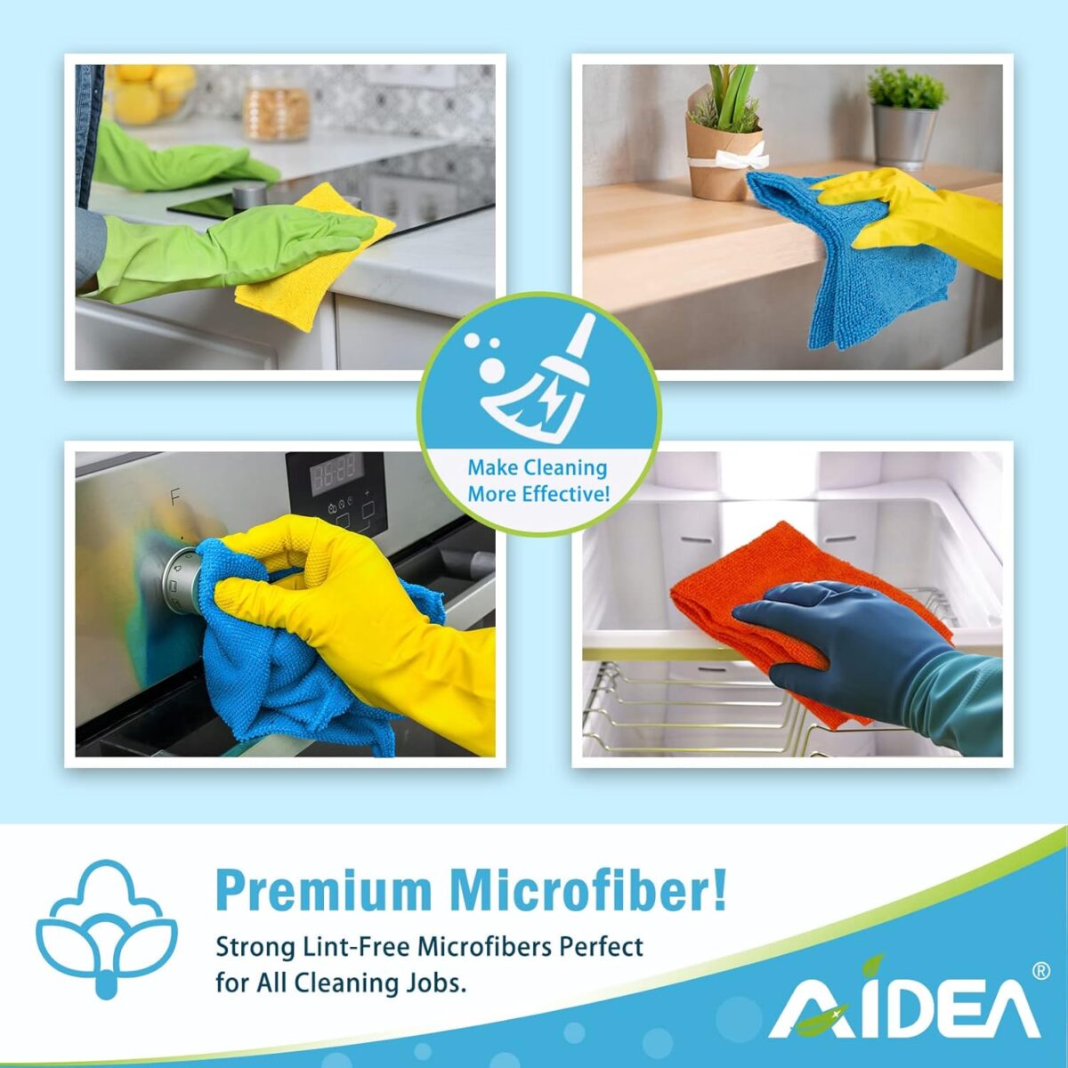 AIDEA Microfiber Cleaning Cloth, 8PK, All Purpose Microfiber Towels, Absorbent Cleaning Rags Kitchen Towels, Lint Free Dusting Cloth for House, Kitchen, Car, Window, 12"×12"