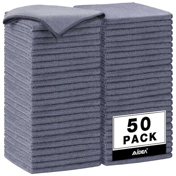 AIDEA Microfiber Cleaning Cloth Grey 50PK, Microfiber Towels for Cars, Premium Car Cloths, Dusting Cloth Lint Free Cleaning Rags for SUVs, House, Kitchen, Window, Workshops,12×12"