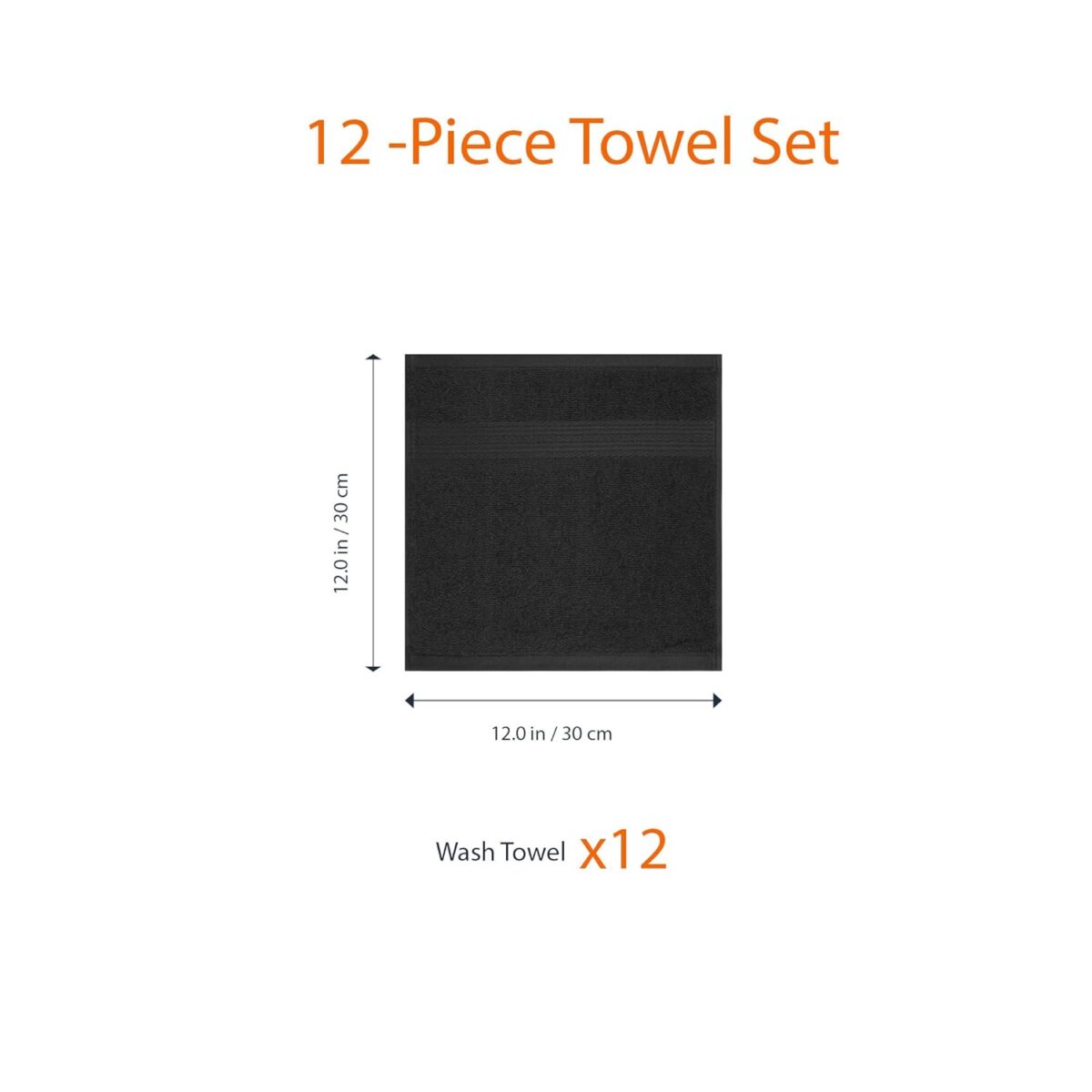Amazon Basics Cotton Washcloths for Face, Soft, Absorbent, 12-Pack, Black, 12 Inch x 12 Inch