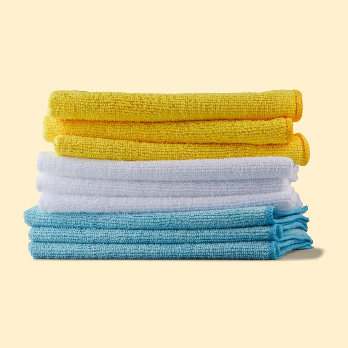 Amazon Basics Microfiber Cleaning Cloths, Ultra Absorbent, Lint Free, Streak Free, Non-Abrasive, Reusable and Washable, 16" x 12", Blue/White/Yellow, Pack of 24