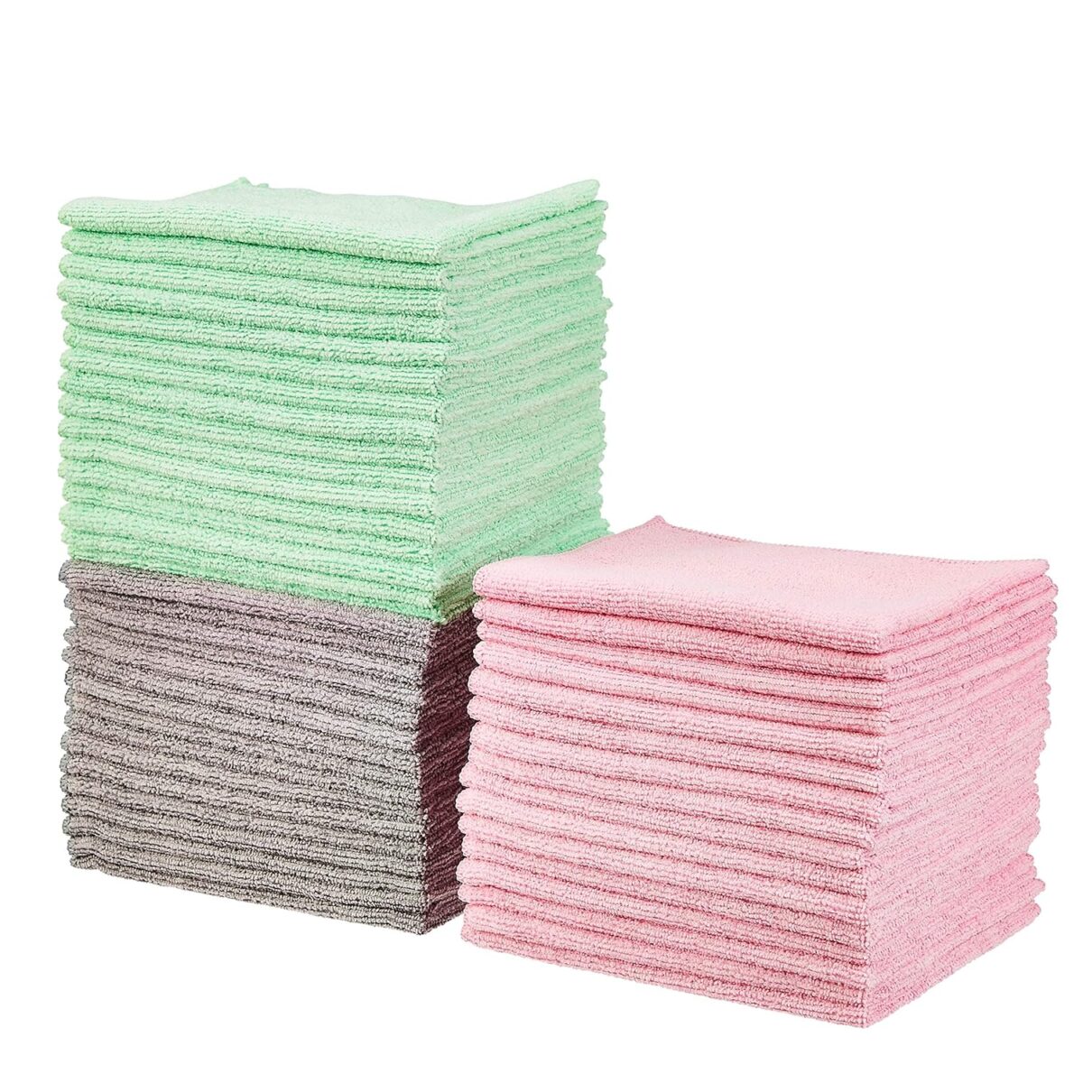Amazon Basics Microfiber Cleaning Cloths, Ultra Soft and Absorbent, Free from Streaks/Lint/Scratch for Cars, 16" x 12", Green/Gray/Pink, 24-Pack