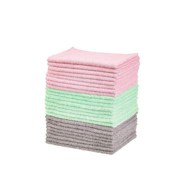 Amazon Basics Microfiber Cleaning Cloths, Ultra Soft and Absorbent, Free from Streaks/Lint/Scratch for Cars, 16" x 12", Green/Gray/Pink, 24-Pack