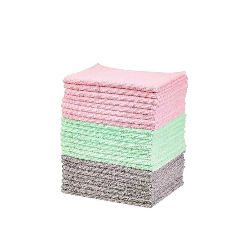 Amazon Basics Microfiber Cleaning Cloths, Ultra Soft and Absorbent, Free from Streaks/Lint/Scratch for Cars, 16" x 12", Green/Gray/Pink, 24-Pack