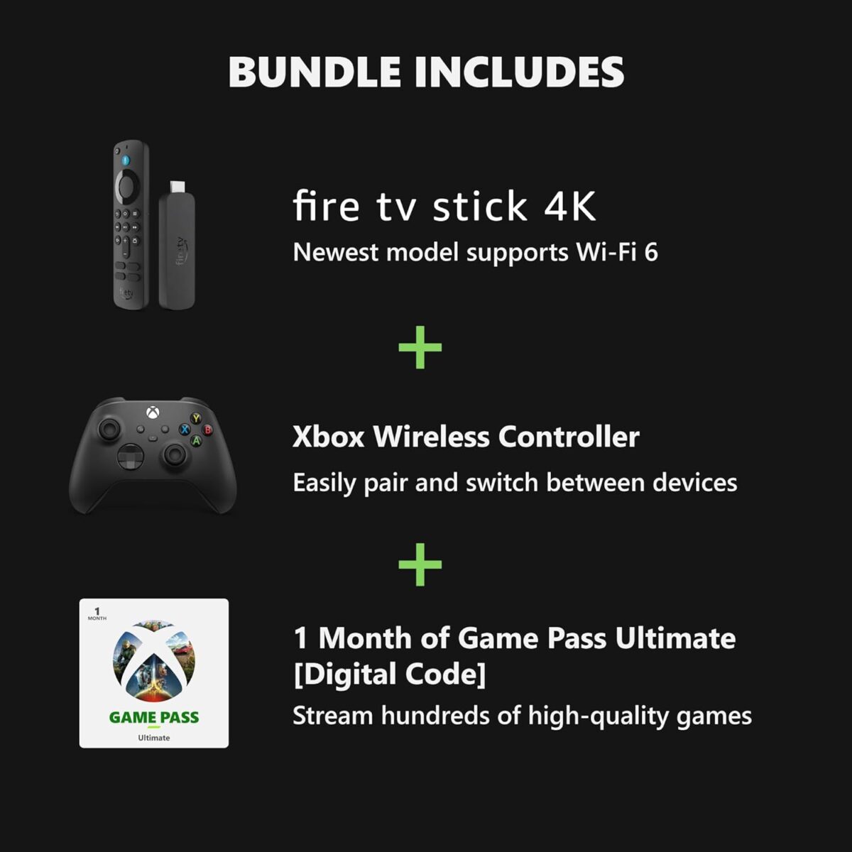 Amazon Fire TV Stick 4K, Carbon Black Core Wireless Controller, and 1 Month Game Pass Ultimate Bundle