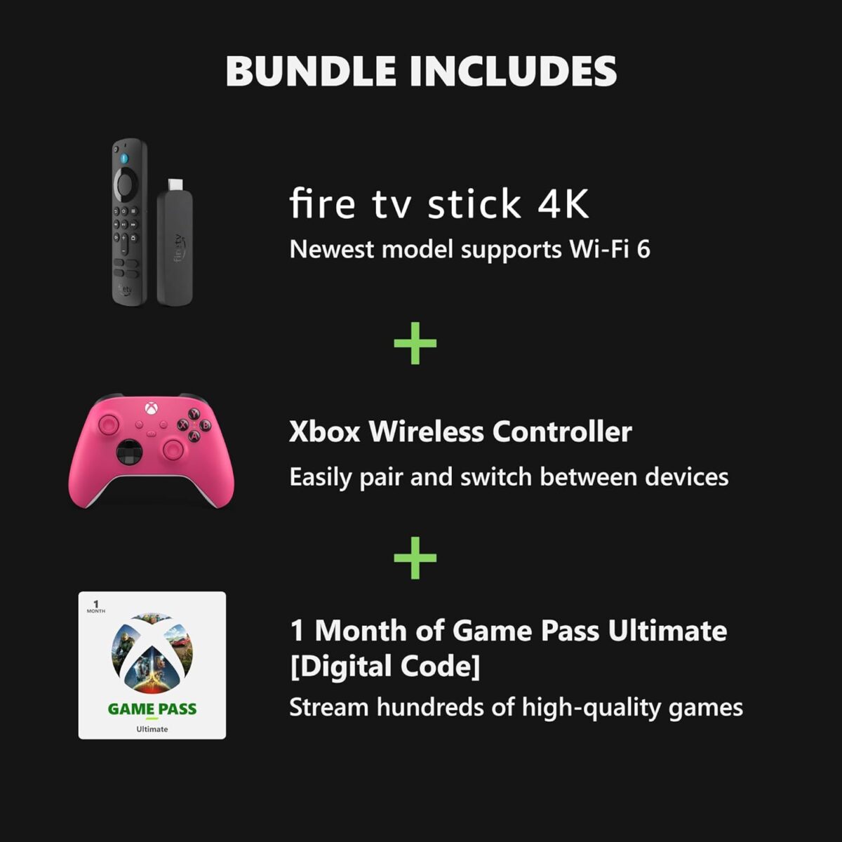 Amazon Fire TV Stick 4K, Deep Pink Core Wireless Controller, and 1 Month Game Pass Ultimate Bundle