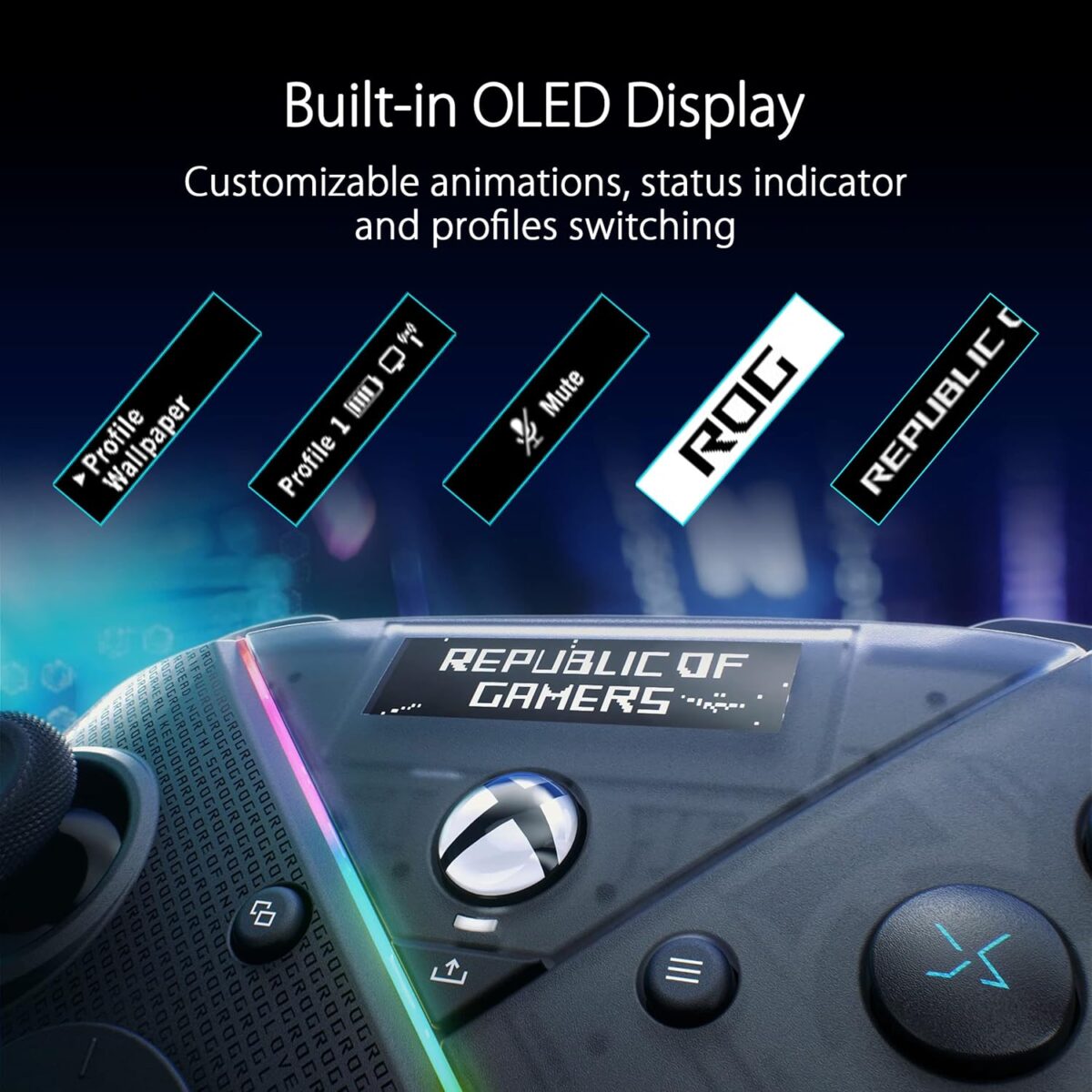 ASUS ROG Raikiri Pro OLED Display, tri-Mode connectivity, remappable Buttons&triggers, 4 Rear Buttons, Step&Linear triggers, Adjustable Joystick Sensitivity, 3.5mm Jack with ESS...