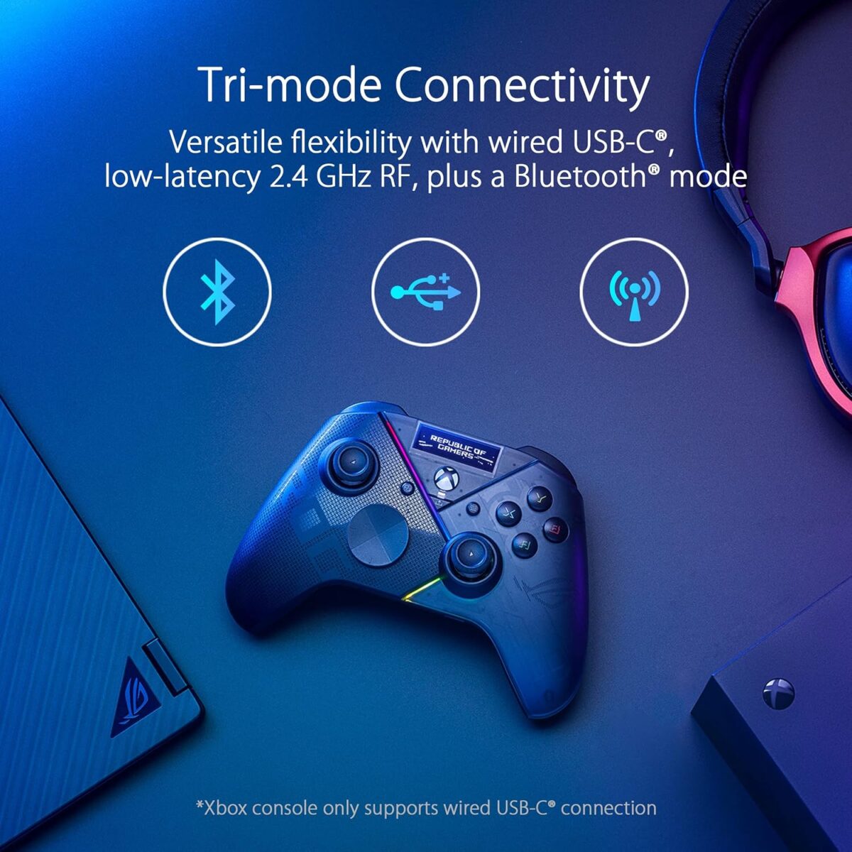 ASUS ROG Raikiri Pro OLED Display, tri-Mode connectivity, remappable Buttons&triggers, 4 Rear Buttons, Step&Linear triggers, Adjustable Joystick Sensitivity, 3.5mm Jack with ESS...