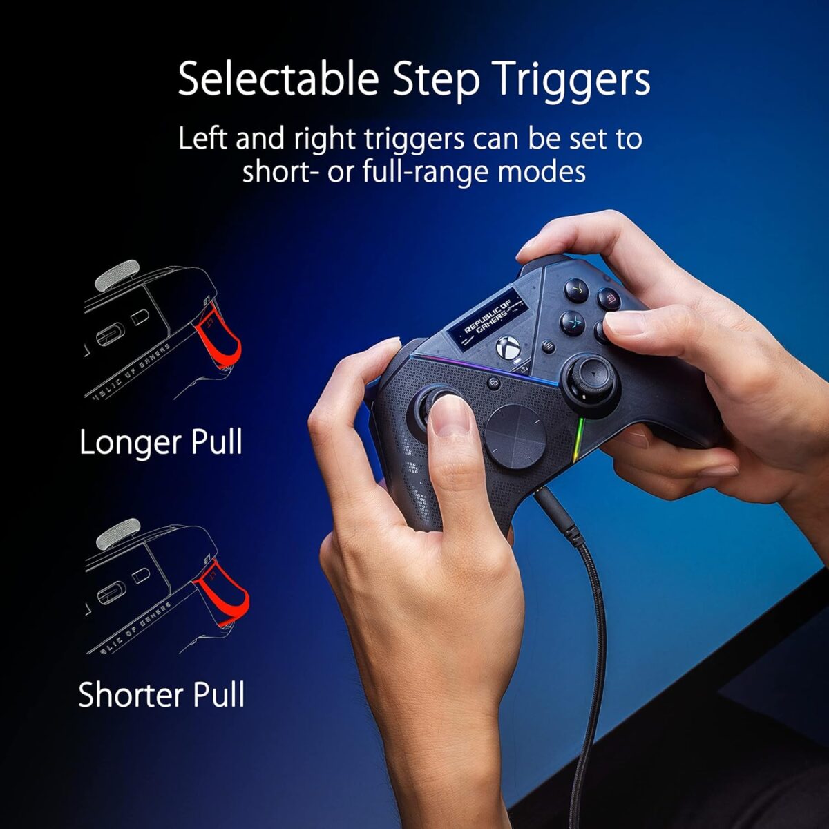 ASUS ROG Raikiri Pro OLED Display, tri-Mode connectivity, remappable Buttons&triggers, 4 Rear Buttons, Step&Linear triggers, Adjustable Joystick Sensitivity, 3.5mm Jack with ESS...