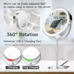 BALUXCA 9"Large Lighted Makeup Mirror,3000 mAh Rechargeable,1x/10x Magnifying LED Vanity Mirror,3 Color, 360° Rotation Double Sided,Height Adjustable