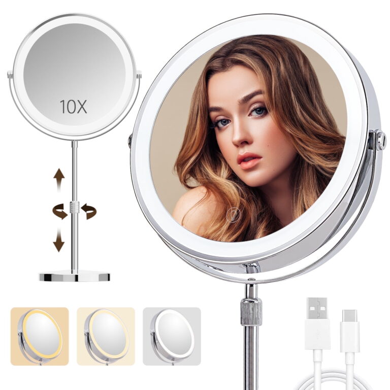 BALUXCA 9"Large Lighted Makeup Mirror,3000 mAh Rechargeable,1x/10x Magnifying LED Vanity Mirror,3 Color, 360° Rotation Double Sided,Height Adjustable