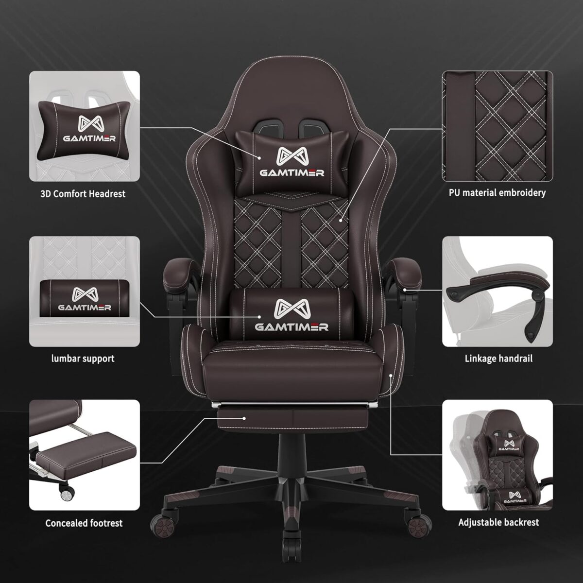 Gaming Chair, 400 lbs Adult Chairs, High Back Computer Chair with Footrest and Linked Armrests, Office Video Game Chair with Lumbar Support (Brown)