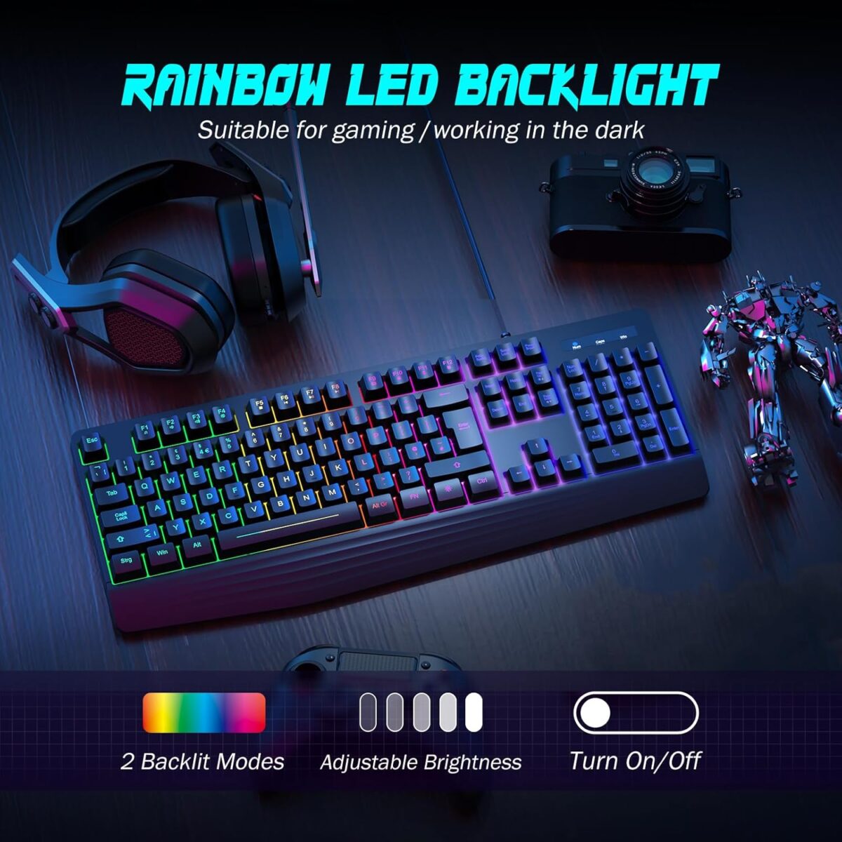Gaming Keyboard, 7-Color Rainbow LED Backlit, 104 Keys Quiet Light Up Keyboard, Wrist Rest, Whisper Silent, Anti-ghosting Multimedia Keys, Waterproof USB Wired Keyboard for PC...