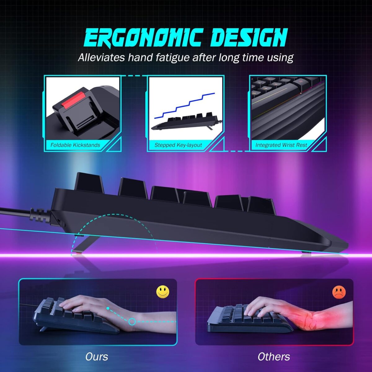 Gaming Keyboard, 7-Color Rainbow LED Backlit, 104 Keys Quiet Light Up Keyboard, Wrist Rest, Whisper Silent, Anti-ghosting Multimedia Keys, Waterproof USB Wired Keyboard for PC...