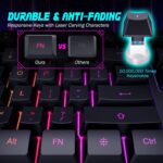 Gaming Keyboard, 7-Color Rainbow LED Backlit, 104 Keys Quiet Light Up Keyboard, Wrist Rest, Whisper Silent, Anti-ghosting Multimedia Keys, Waterproof USB Wired Keyboard for PC...
