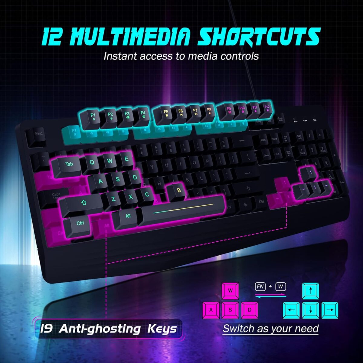 Gaming Keyboard, 7-Color Rainbow LED Backlit, 104 Keys Quiet Light Up Keyboard, Wrist Rest, Whisper Silent, Anti-ghosting Multimedia Keys, Waterproof USB Wired Keyboard for PC...