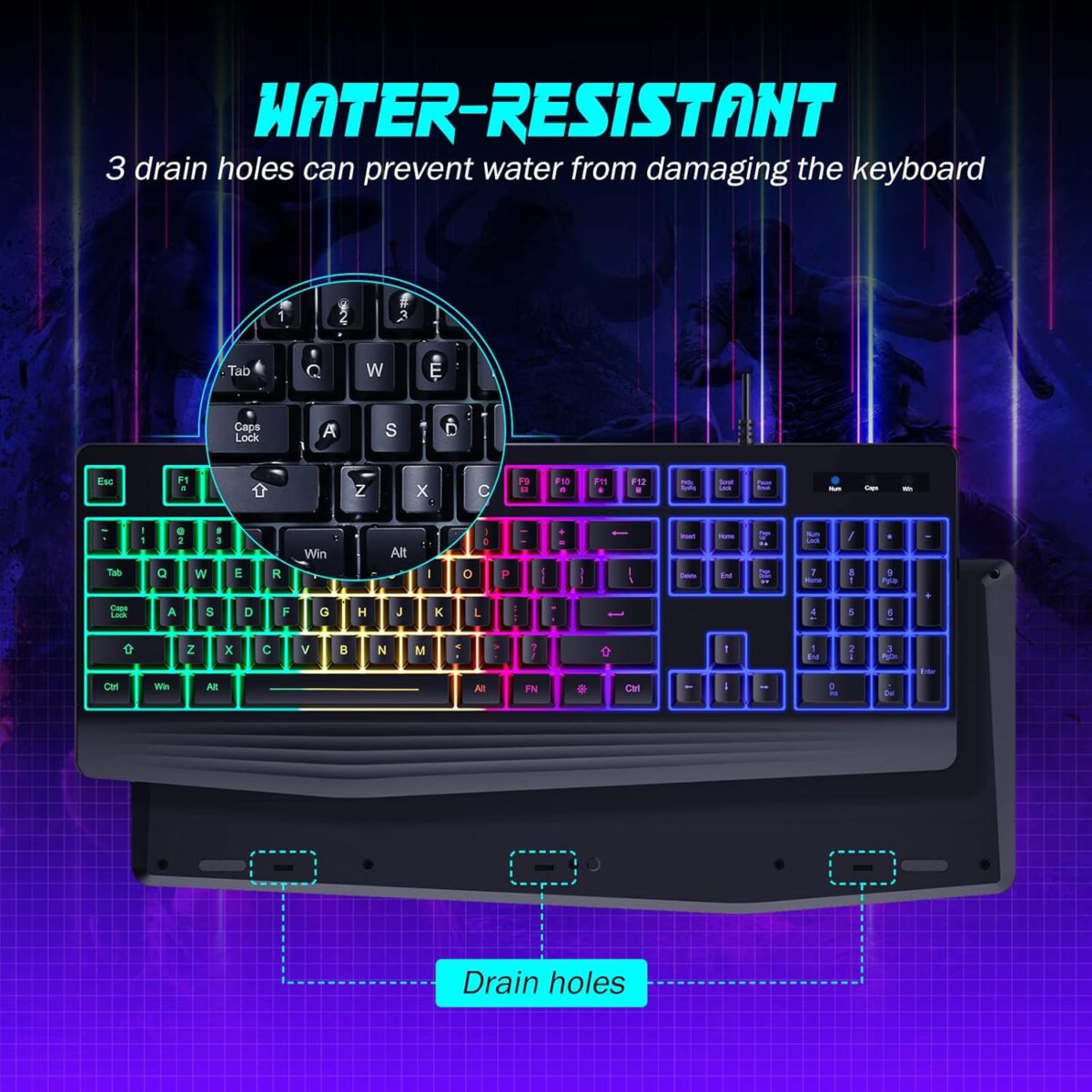 Gaming Keyboard, 7-Color Rainbow LED Backlit, 104 Keys Quiet Light Up Keyboard, Wrist Rest, Whisper Silent, Anti-ghosting Multimedia Keys, Waterproof USB Wired Keyboard for PC...