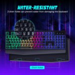 Gaming Keyboard, 7-Color Rainbow LED Backlit, 104 Keys Quiet Light Up Keyboard, Wrist Rest, Whisper Silent, Anti-ghosting Multimedia Keys, Waterproof USB Wired Keyboard for PC...
