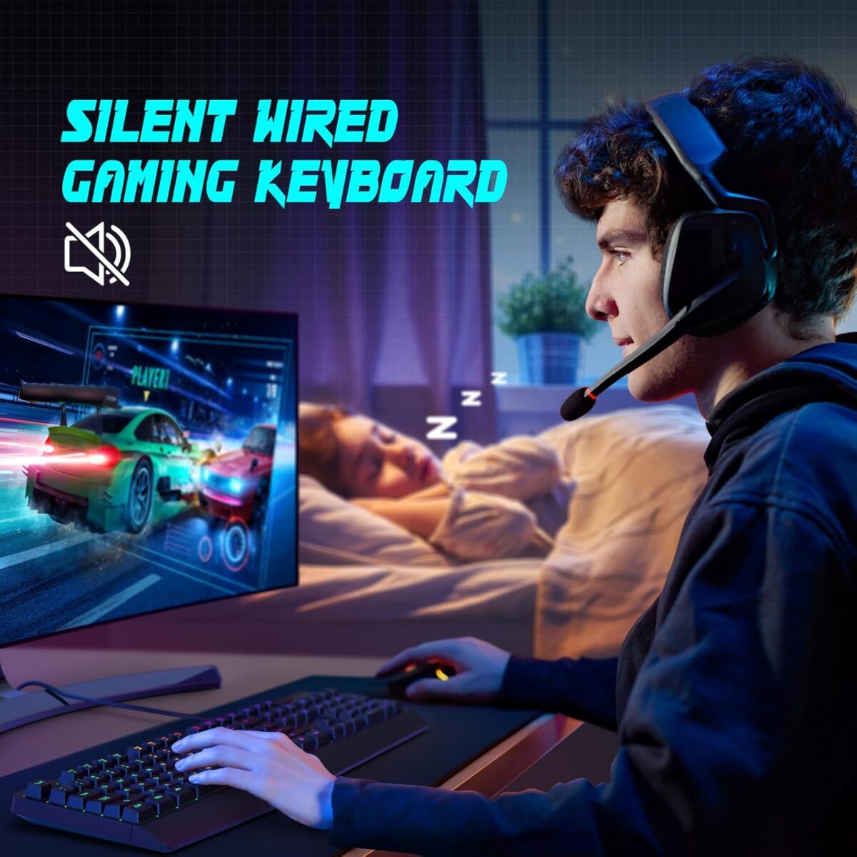 Gaming Keyboard, 7-Color Rainbow LED Backlit, 104 Keys Quiet Light Up Keyboard, Wrist Rest, Whisper Silent, Anti-ghosting Multimedia Keys, Waterproof USB Wired Keyboard for PC...