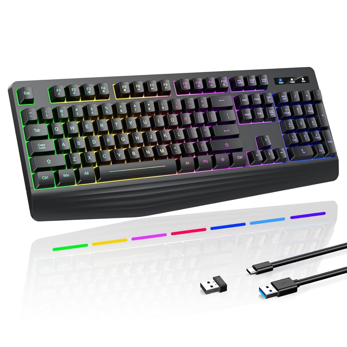 Gaming Keyboard, 7-Color Rainbow LED Backlit, 104 Keys Quiet Light Up Keyboard, Wrist Rest, Whisper Silent, Anti-ghosting Multimedia Keys, Waterproof USB Wired Keyboard for PC...