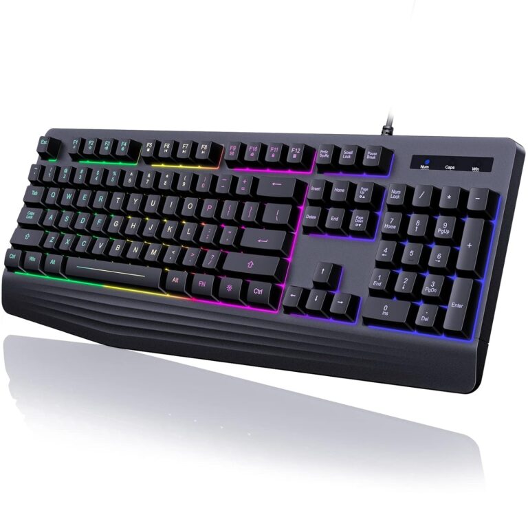 Gaming Keyboard, 7-Color Rainbow LED Backlit, 104 Keys Quiet Light Up Keyboard, Wrist Rest, Whisper Silent, Anti-ghosting Multimedia Keys, Waterproof USB Wired Keyboard for PC...