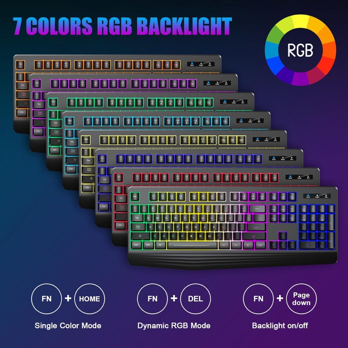 Gaming Keyboard, 7-Color Rainbow LED Backlit, 104 Keys Quiet Light Up Keyboard, Wrist Rest, Whisper Silent, Anti-ghosting Multimedia Keys, Waterproof USB Wired Keyboard for PC...