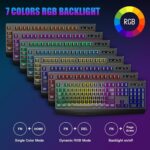 Gaming Keyboard, 7-Color Rainbow LED Backlit, 104 Keys Quiet Light Up Keyboard, Wrist Rest, Whisper Silent, Anti-ghosting Multimedia Keys, Waterproof USB Wired Keyboard for PC...