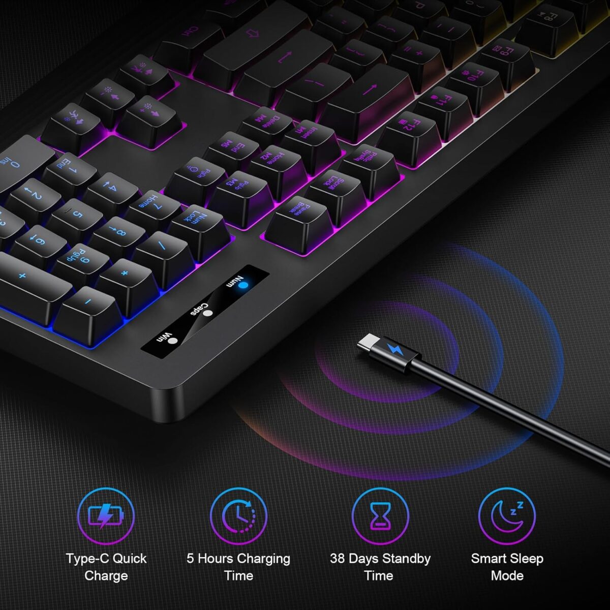 Gaming Keyboard, 7-Color Rainbow LED Backlit, 104 Keys Quiet Light Up Keyboard, Wrist Rest, Whisper Silent, Anti-ghosting Multimedia Keys, Waterproof USB Wired Keyboard for PC...