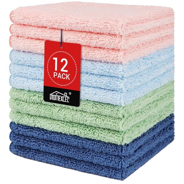 HOMEXCEL Microfiber Washcloths 12 Pack, Highly Absorbent and Soft Face Towel, Multi-Purpose Wash Cloths for Bathroom, Gym, Hotel, Spa and Kitchen, Multicolor 12x12 Inch