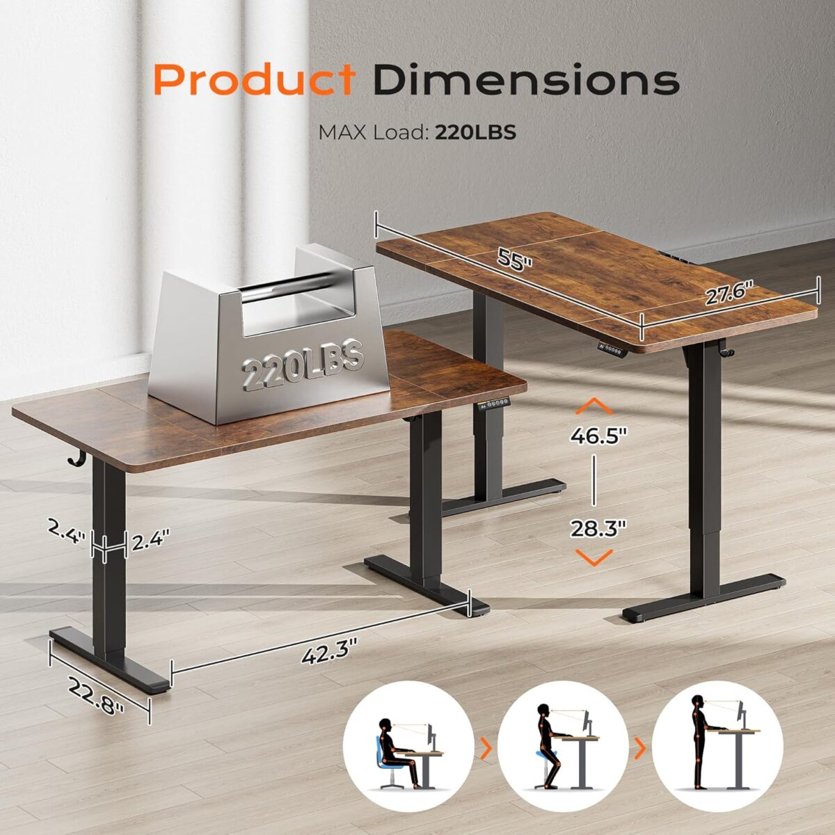 Huuger 55 x 28 Large Electric Standing Desk, Height Adjustable Computer Desk, 27.6" Deep Desktop, Stand up Gaming Office Desk with 2 Hooks, 3 Preset Heights, for Home Office,...