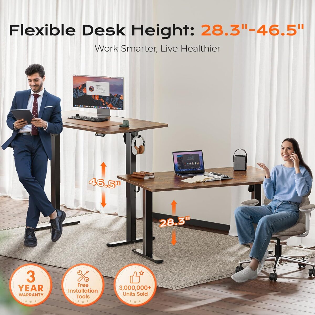 Huuger 55 x 28 Large Electric Standing Desk, Height Adjustable Computer Desk, 27.6" Deep Desktop, Stand up Gaming Office Desk with 2 Hooks, 3 Preset Heights, for Home Office,...