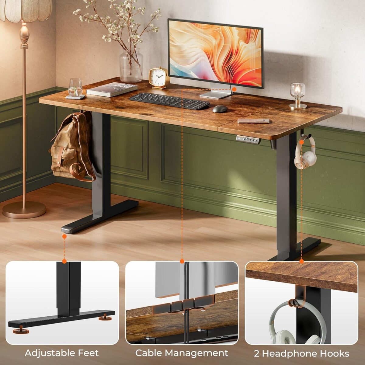Huuger 55 x 28 Large Electric Standing Desk, Height Adjustable Computer Desk, 27.6" Deep Desktop, Stand up Gaming Office Desk with 2 Hooks, 3 Preset Heights, for Home Office,...