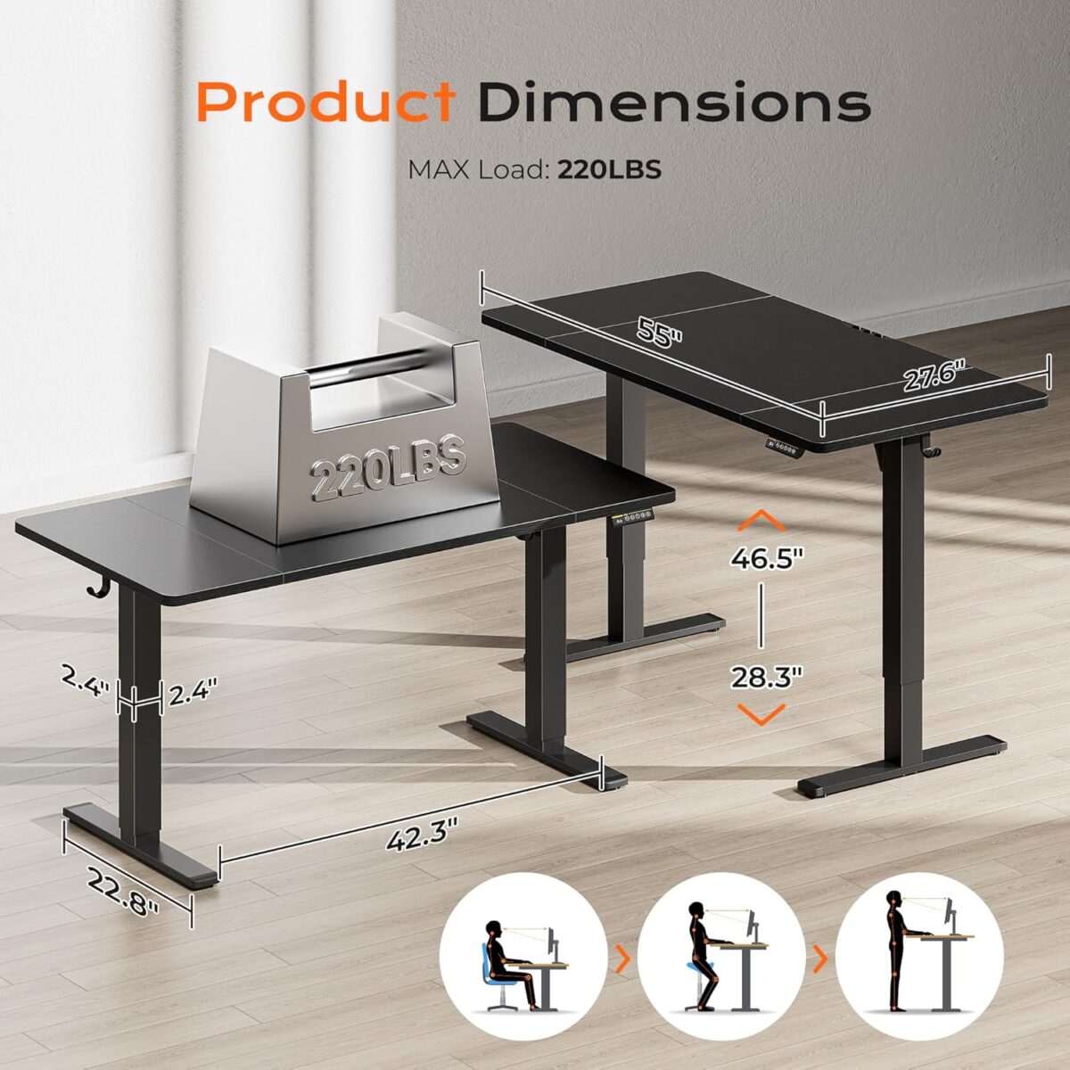 Huuger 55 x 28 Large Electric Standing Desk, Height Adjustable Computer Desk, 27.6" Deep Desktop, Stand up Gaming Office Table with 2 Hooks, 3 Preset Heights, for Home Office,...