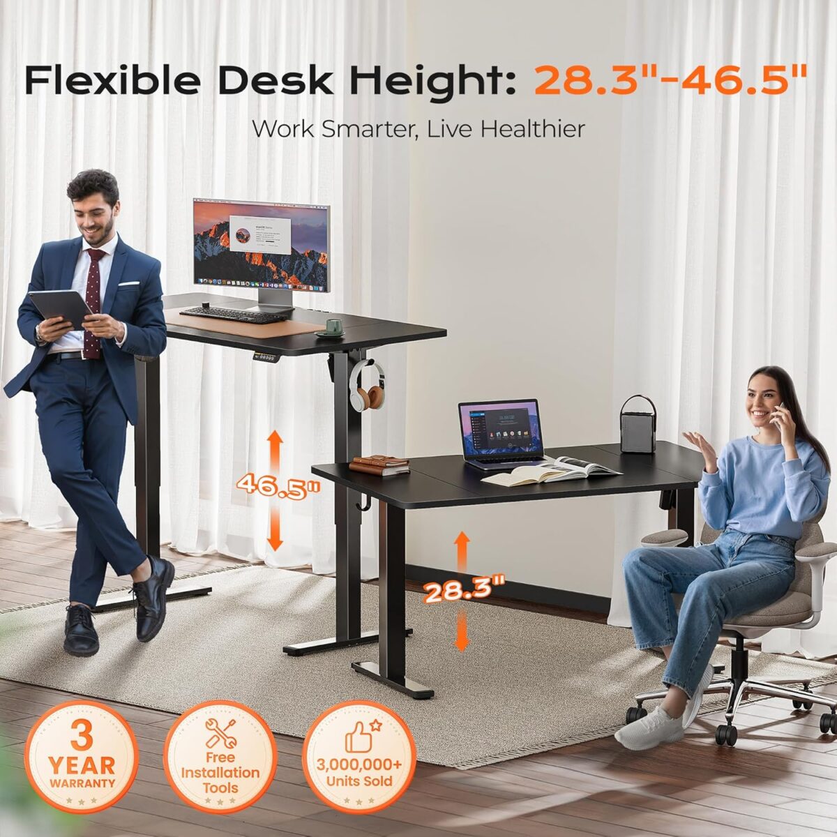 Huuger 55 x 28 Large Electric Standing Desk, Height Adjustable Computer Desk, 27.6" Deep Desktop, Stand up Gaming Office Table with 2 Hooks, 3 Preset Heights, for Home Office,...