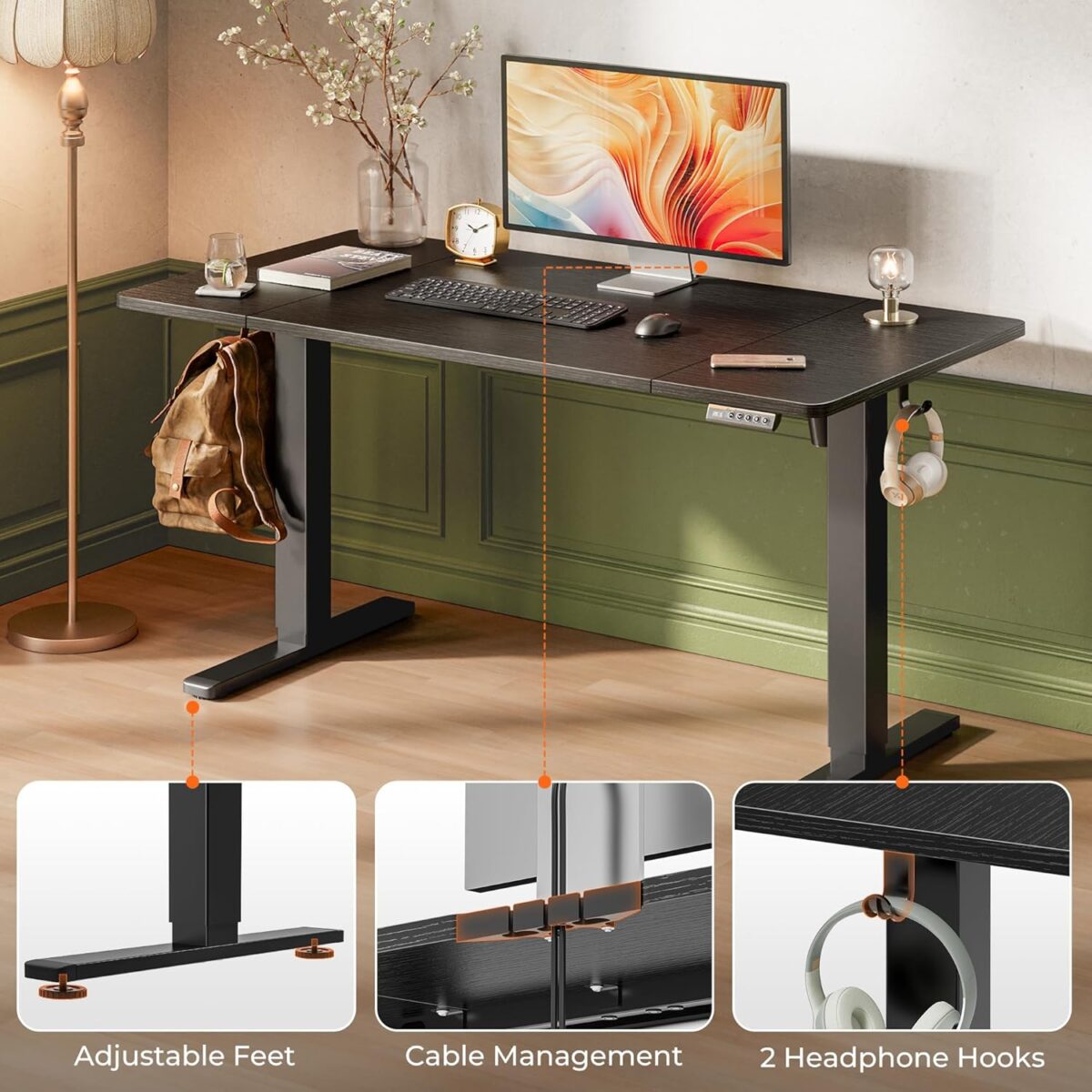 Huuger 55 x 28 Large Electric Standing Desk, Height Adjustable Computer Desk, 27.6" Deep Desktop, Stand up Gaming Office Table with 2 Hooks, 3 Preset Heights, for Home Office,...