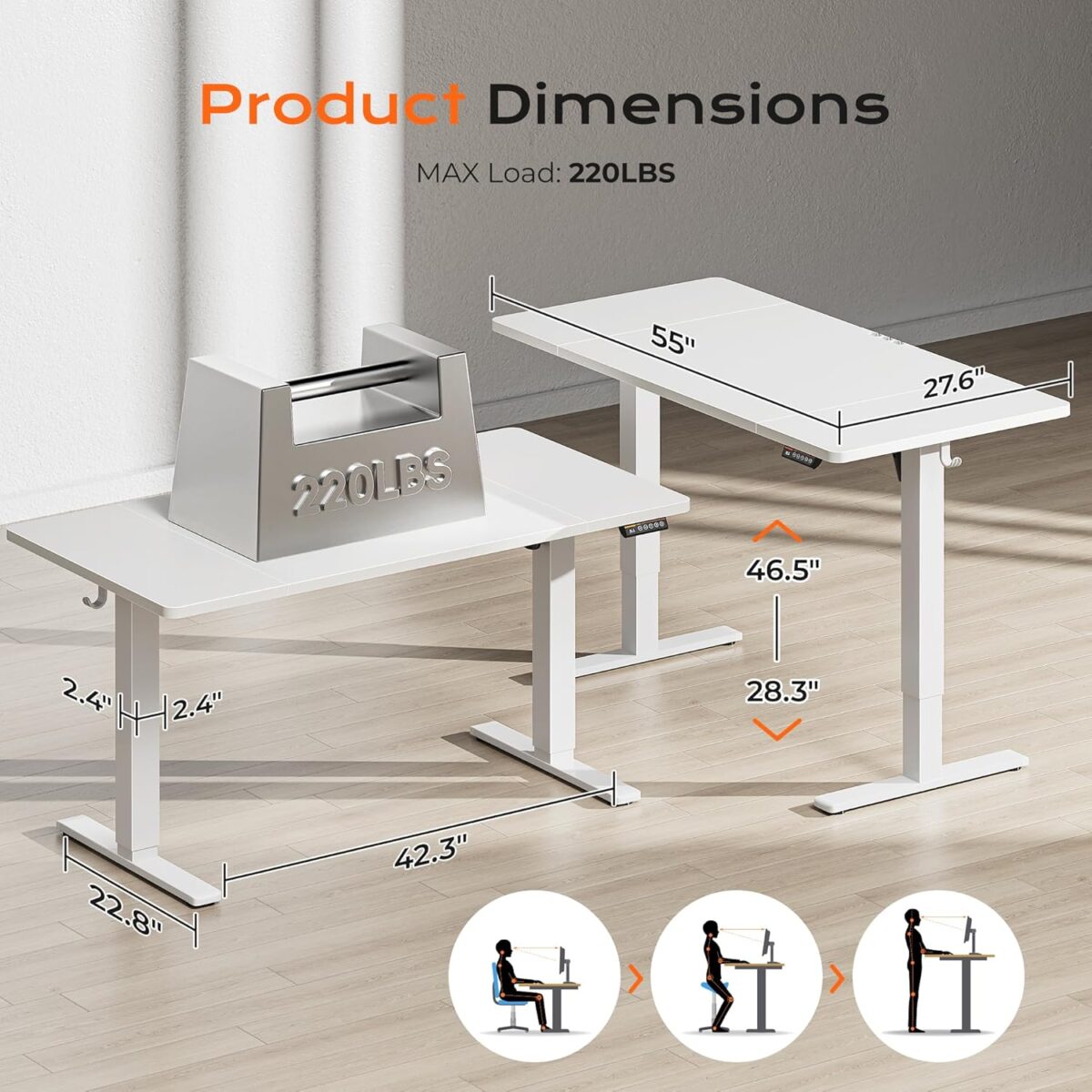 Huuger 55 x 28 Large Electric Standing Desk, Height Adjustable Copmuter Desk, 27.6" Deep Desktop, Stand up Gaming Office Table with 2 Hooks, 3 Preset Heights, for Home Office,...