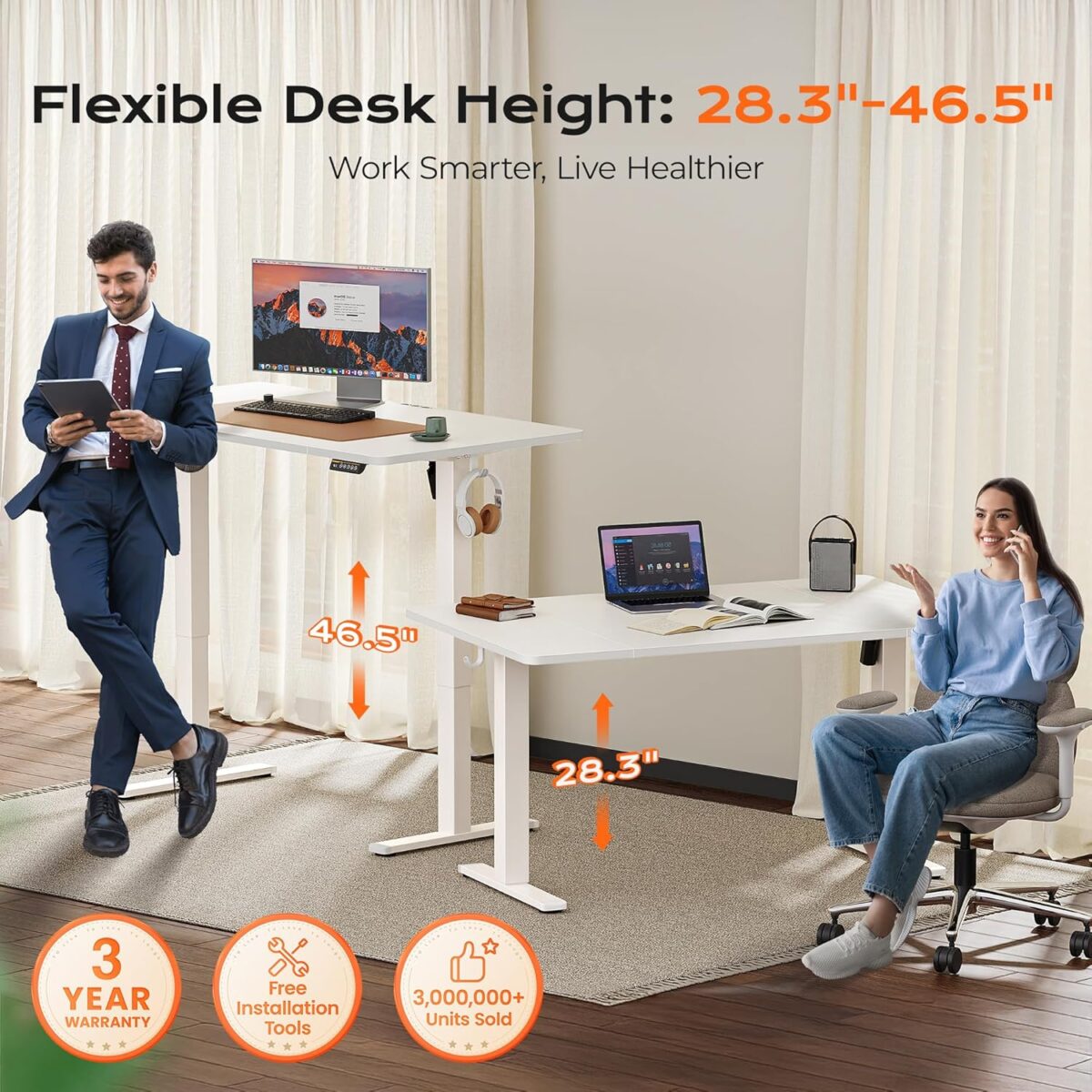 Huuger 55 x 28 Large Electric Standing Desk, Height Adjustable Copmuter Desk, 27.6" Deep Desktop, Stand up Gaming Office Table with 2 Hooks, 3 Preset Heights, for Home Office,...