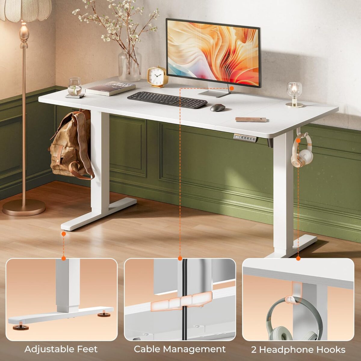 Huuger 55 x 28 Large Electric Standing Desk, Height Adjustable Copmuter Desk, 27.6" Deep Desktop, Stand up Gaming Office Table with 2 Hooks, 3 Preset Heights, for Home Office,...