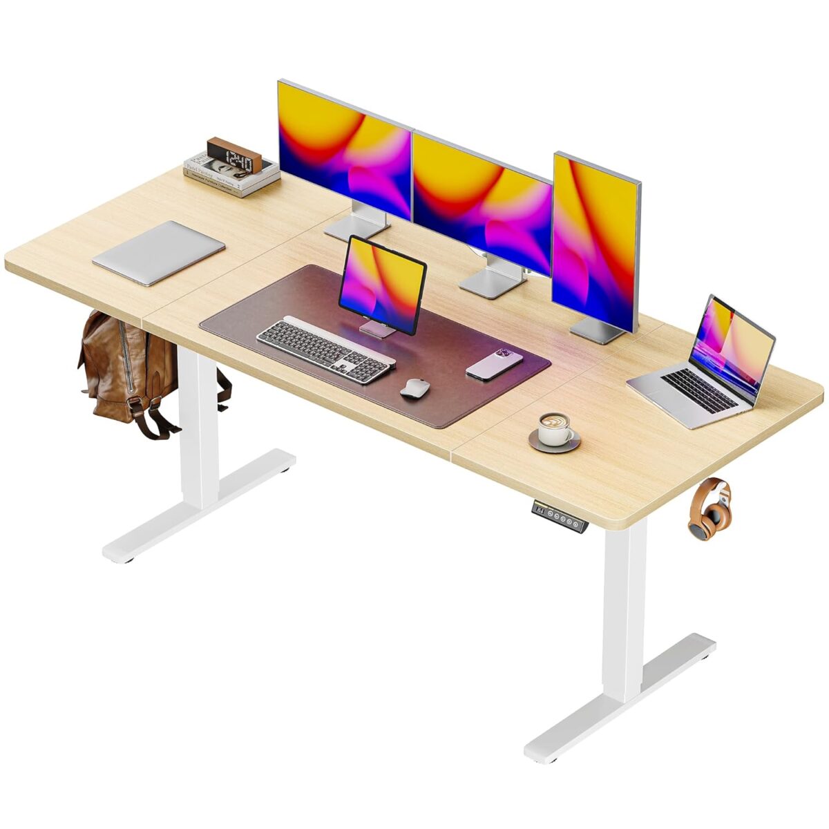 Huuger 55 x 28 Large Electric Standing Desk, Height Adjustable Desk, 27.6" Deep Desktop, Stand up Gaming Computer Office Desk with 2 Hooks, 3 Preset Heights, for Home Office, Grey