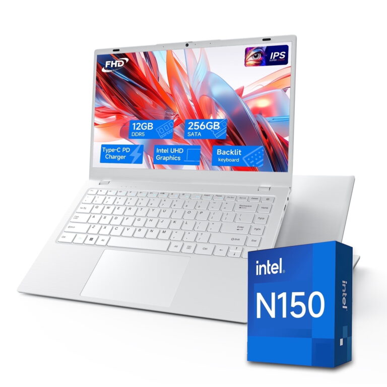 HYYUO 14" Windows 11 Laptop, 12GB DDR5 RAM 256GB SSD, Up to 3.6GHz Intel N150 Quad-Core, WiFi6 BT 5.2, 1080 FHD Display Backlit KB for Student, Business, Home Office, White