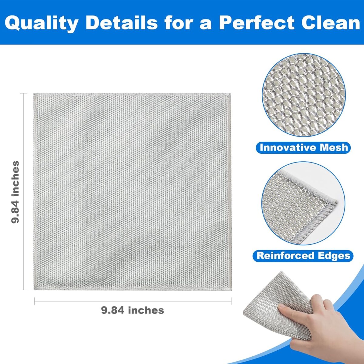 JOYMOOP Dual-Sided Silver Microfiber Cleaning Cloth, Reusable Non-Scratch Dishwashing Rag, Multipurpose Scrubbing Pads for Kitchen, Glass, Stainless Steel