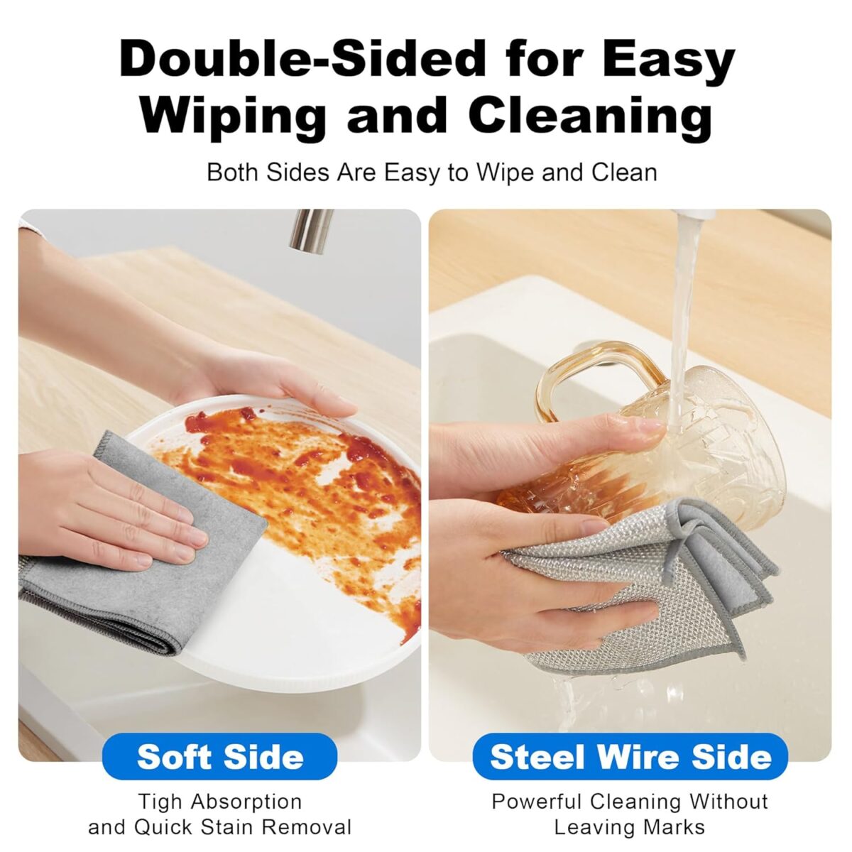 JOYMOOP Dual-Sided Silver Microfiber Cleaning Cloth, Reusable Non-Scratch Dishwashing Rag, Multipurpose Scrubbing Pads for Kitchen, Glass, Stainless Steel